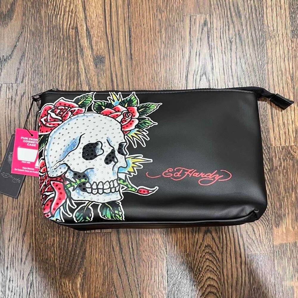 ed hardy skull rose flower makeup cosmetic toiletry bag bedazzled rhinestone NWT